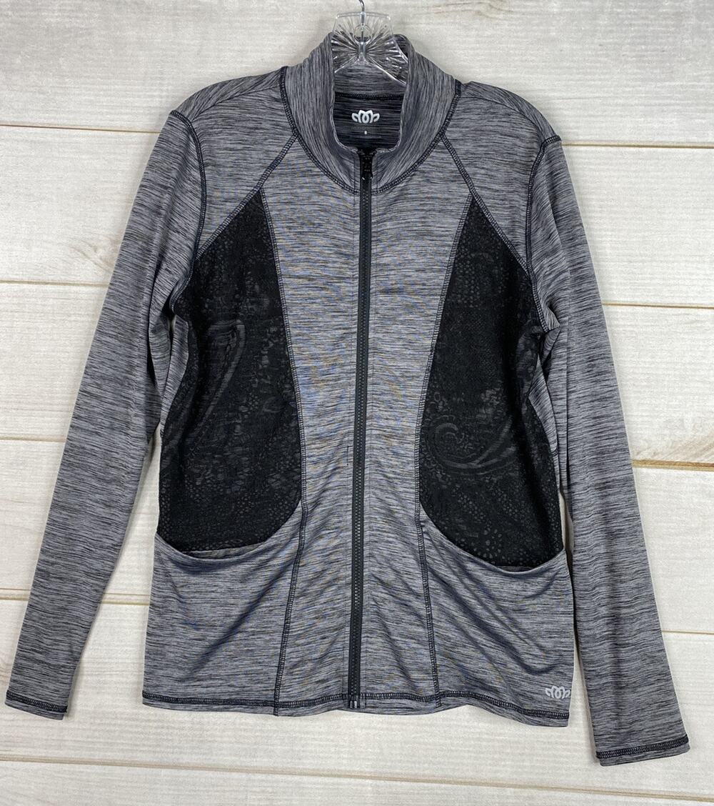 Maurices In Motion Jacket Womens S Black Gray Heather Lace Inserts Full Zip Gym